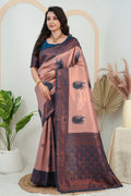 Luxury Rose Gold Banarasi Silk Saree with Peacock Weaving | Designer Wedding Saree for Women
