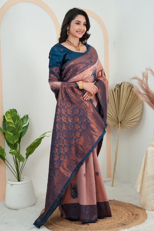 Luxury Rose Gold Banarasi Silk Saree with Peacock Weaving | Designer Wedding Saree for Women
