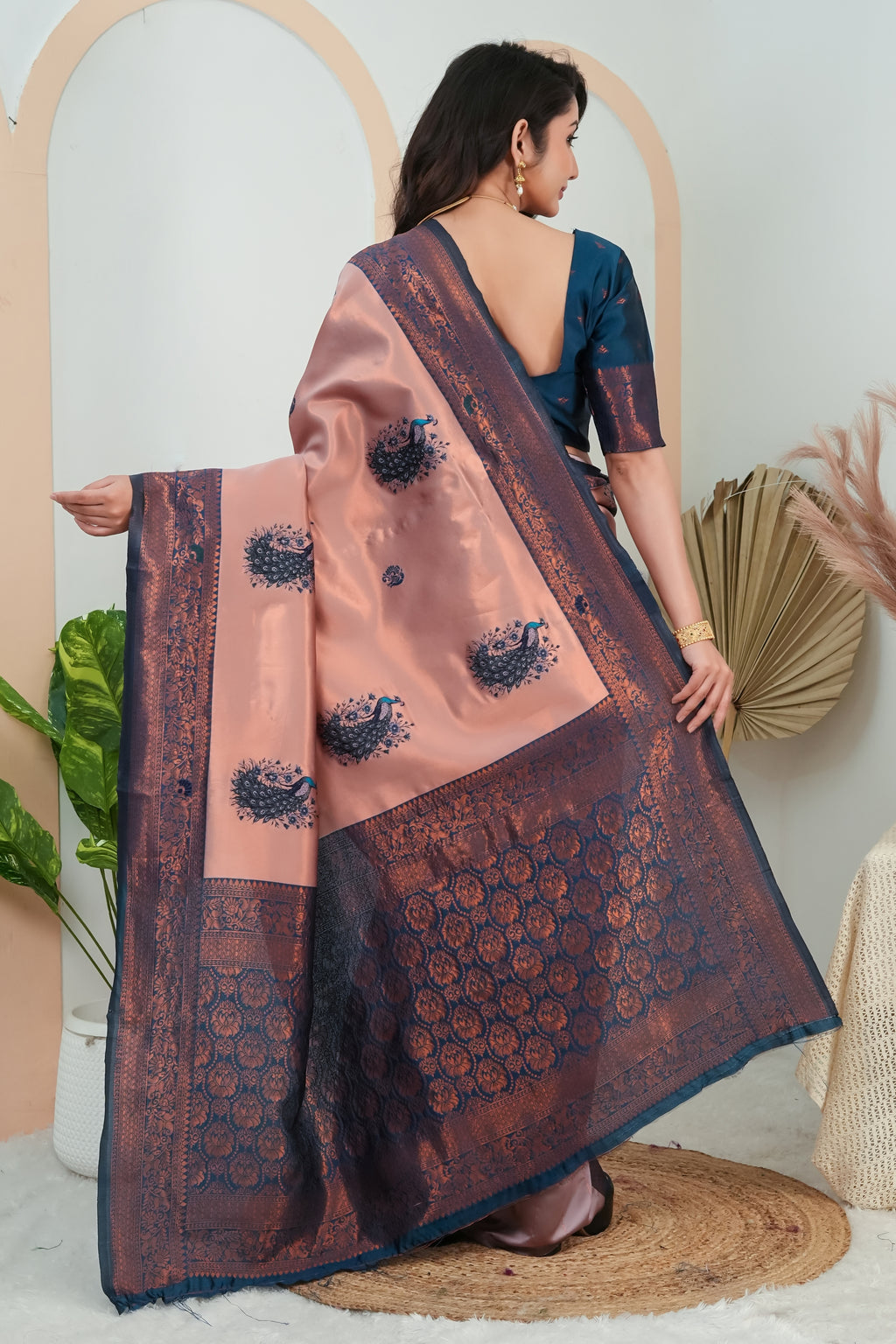 Luxury Rose Gold Banarasi Silk Saree with Peacock Weaving | Designer Wedding Saree for Women