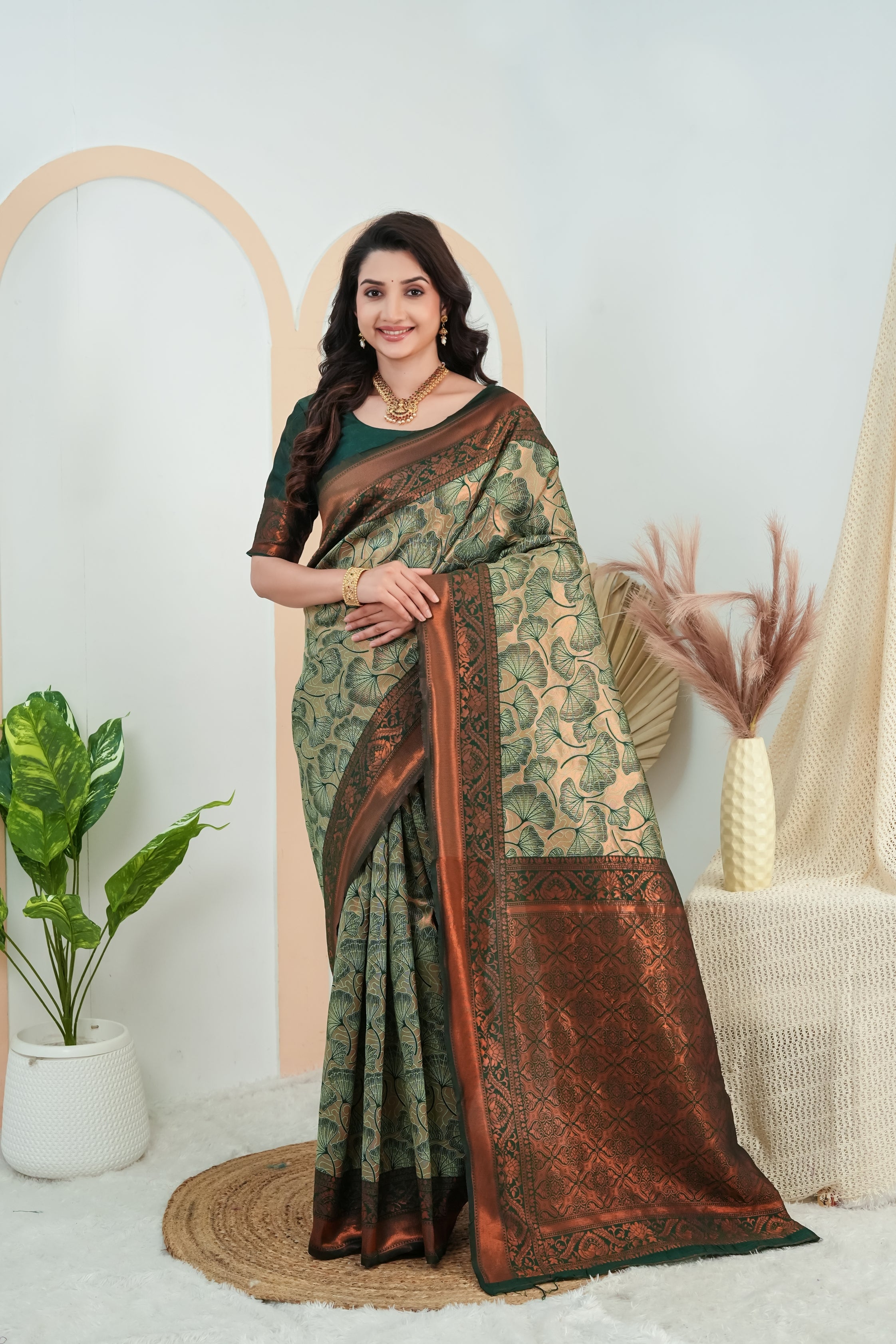 Elegant Olive Green Jacquard Silk Saree with Designer Copper Pallu
