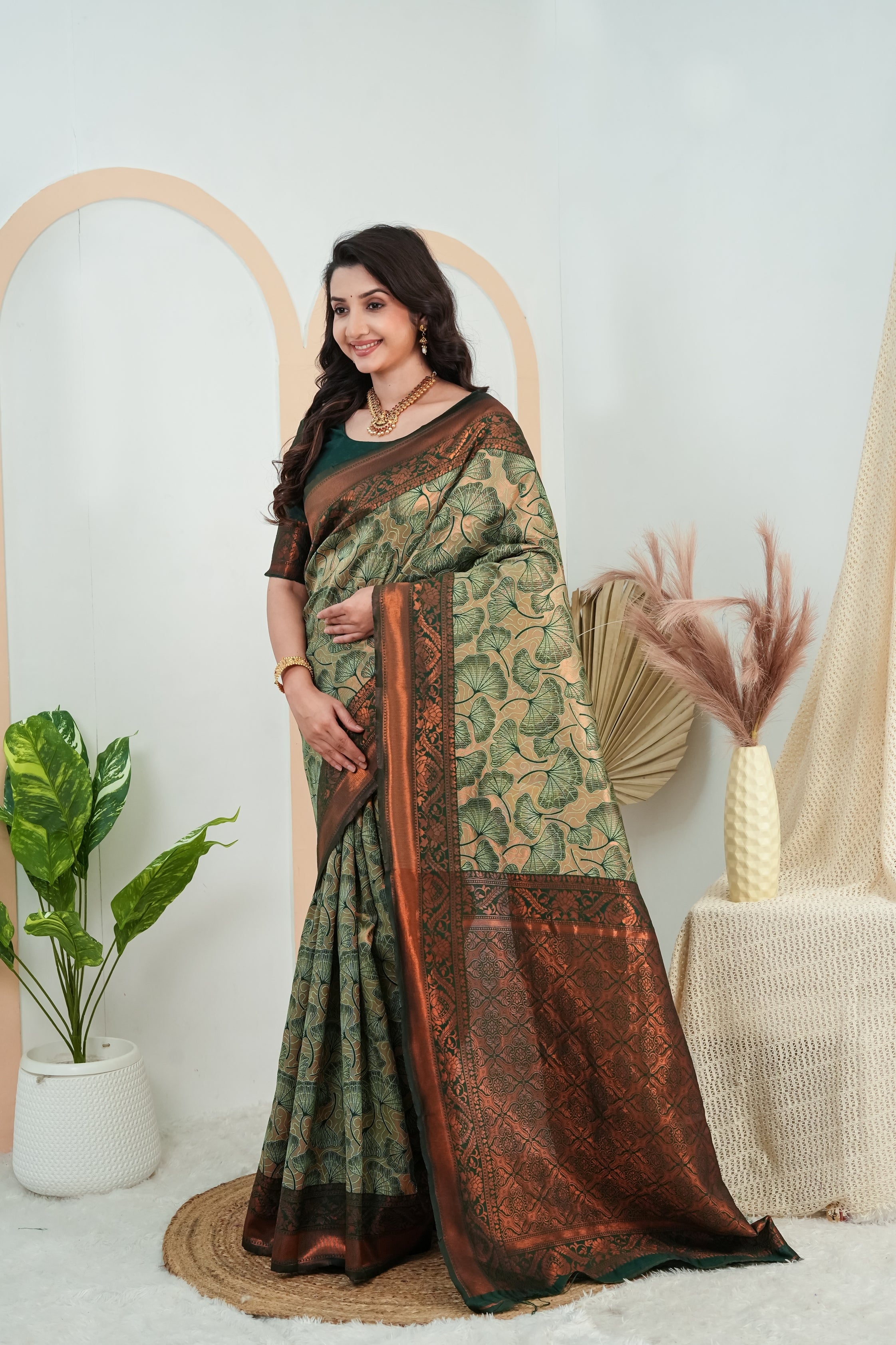 Elegant Olive Green Jacquard Silk Saree with Designer Copper Pallu