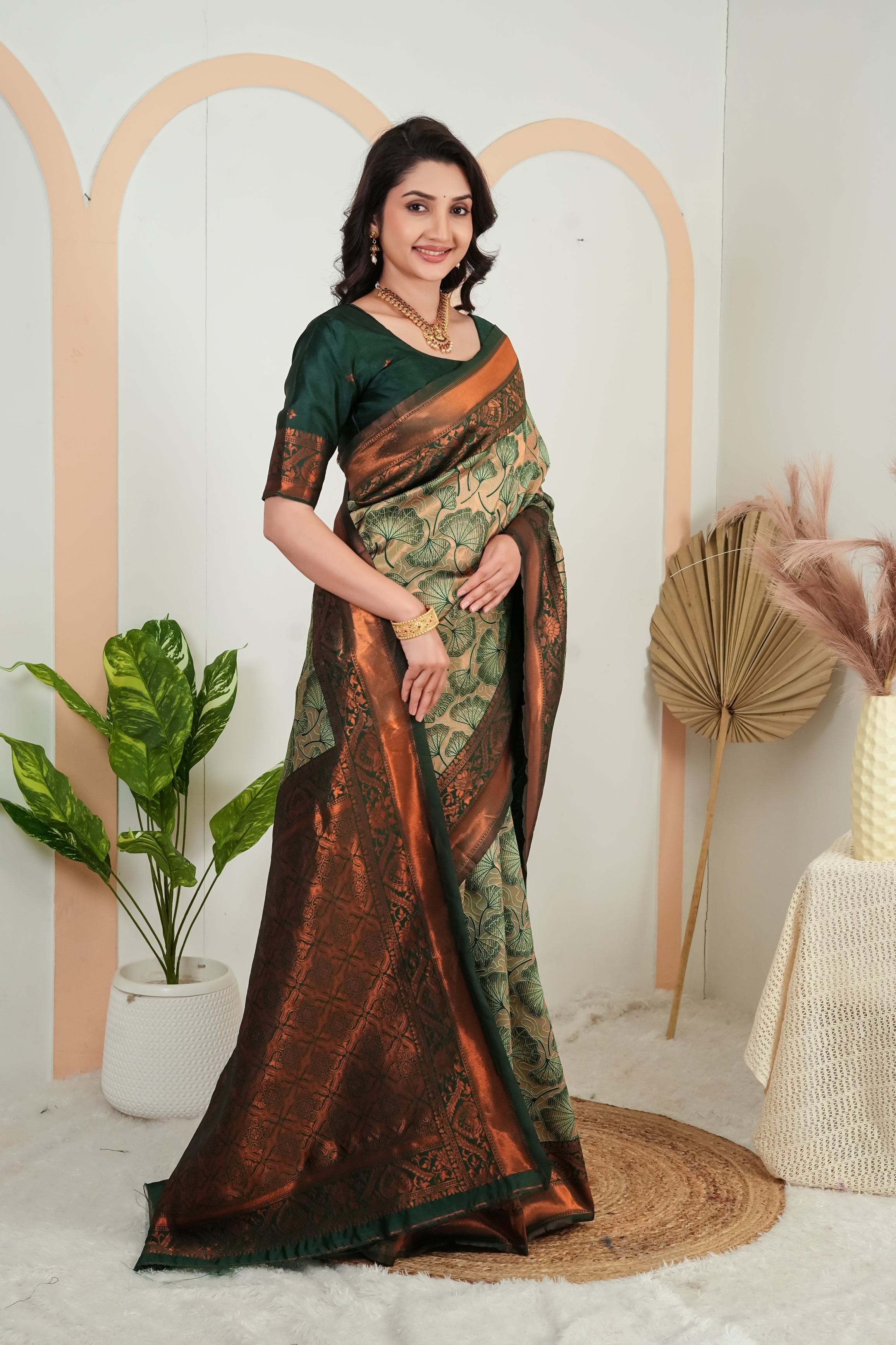 Elegant Olive Green Jacquard Silk Saree with Designer Copper Pallu