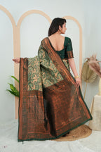 Elegant Olive Green Jacquard Silk Saree with Designer Copper Pallu
