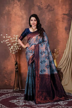 Luxury Steel Blue Silk Blend Saree with Wine Zari Border & Floral Designer Pallu