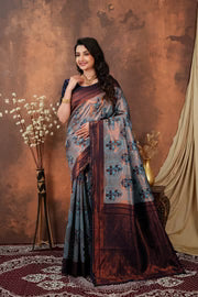 Luxury Steel Blue Silk Blend Saree with Wine Zari Border & Floral Designer Pallu