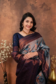 Luxury Steel Blue Silk Blend Saree with Wine Zari Border & Floral Designer Pallu
