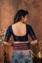 Luxury Steel Blue Silk Blend Saree with Wine Zari Border & Floral Designer Pallu