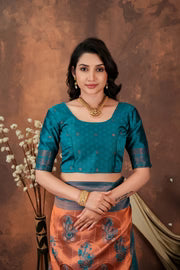 Royal Teal Blue Silk Blend Saree with Copper Zari Border & Designer Pallu