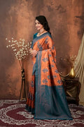 Royal Teal Blue Silk Blend Saree with Copper Zari Border & Designer Pallu