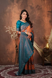 Royal Teal Blue Silk Blend Saree with Copper Zari Border & Designer Pallu