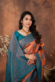 Royal Teal Blue Silk Blend Saree with Copper Zari Border & Designer Pallu