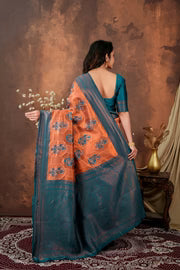 Royal Teal Blue Silk Blend Saree with Copper Zari Border & Designer Pallu