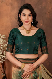 Luxury Olive Green Silk Blend Saree with Copper Zari Border & Designer Pallu