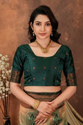 Luxury Olive Green Silk Blend Saree with Copper Zari Border & Designer Pallu
