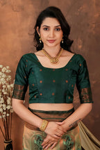 Luxury Olive Green Silk Blend Saree with Copper Zari Border & Designer Pallu