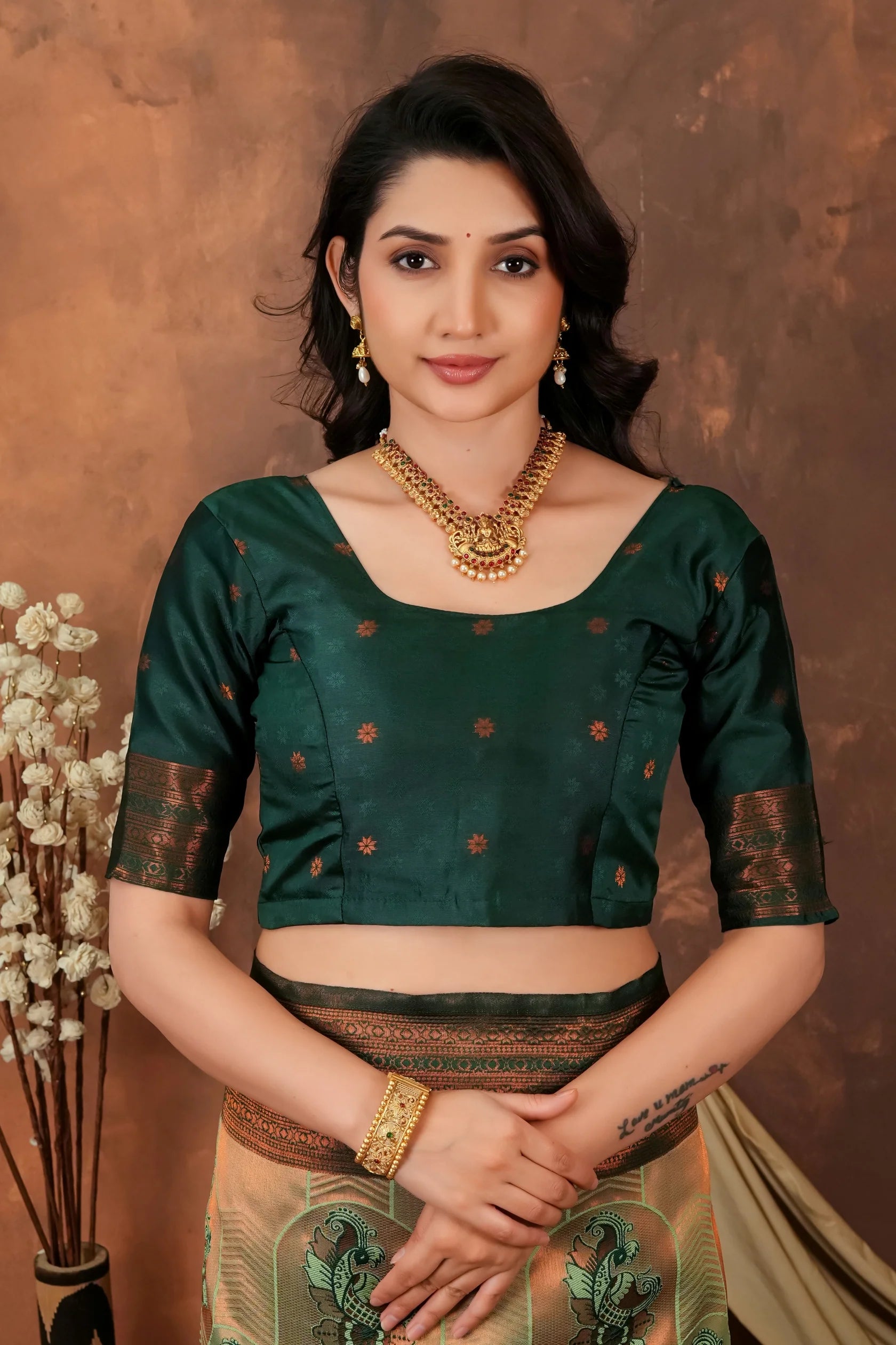 Luxury Olive Green Silk Blend Saree with Copper Zari Border & Designer Pallu