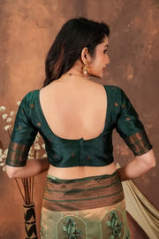 Luxury Olive Green Silk Blend Saree with Copper Zari Border & Designer Pallu