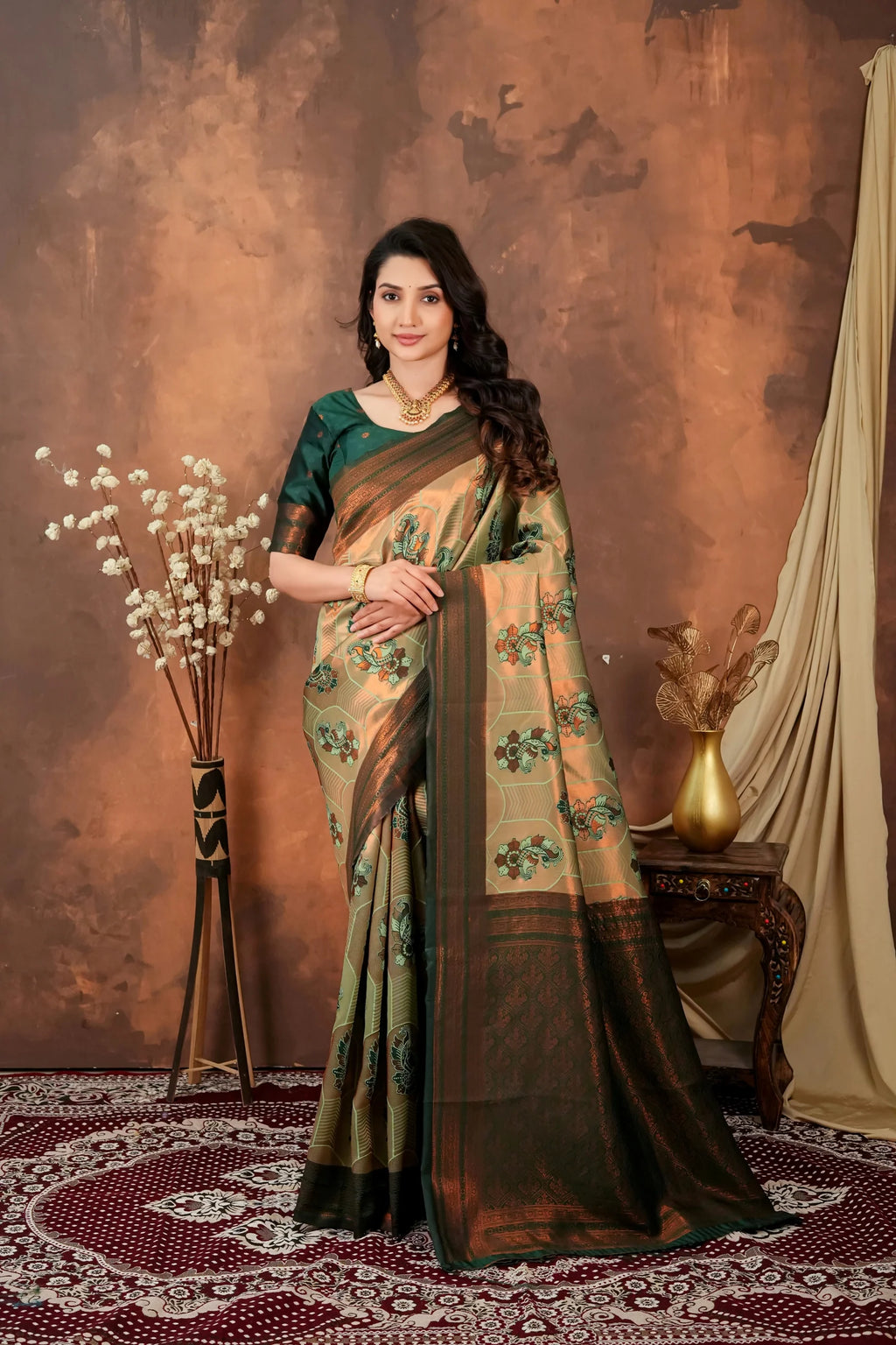 Luxury Olive Green Silk Blend Saree with Copper Zari Border & Designer Pallu