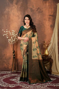Luxury Olive Green Silk Blend Saree with Copper Zari Border & Designer Pallu