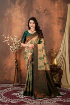 Luxury Olive Green Silk Blend Saree with Copper Zari Border & Designer Pallu