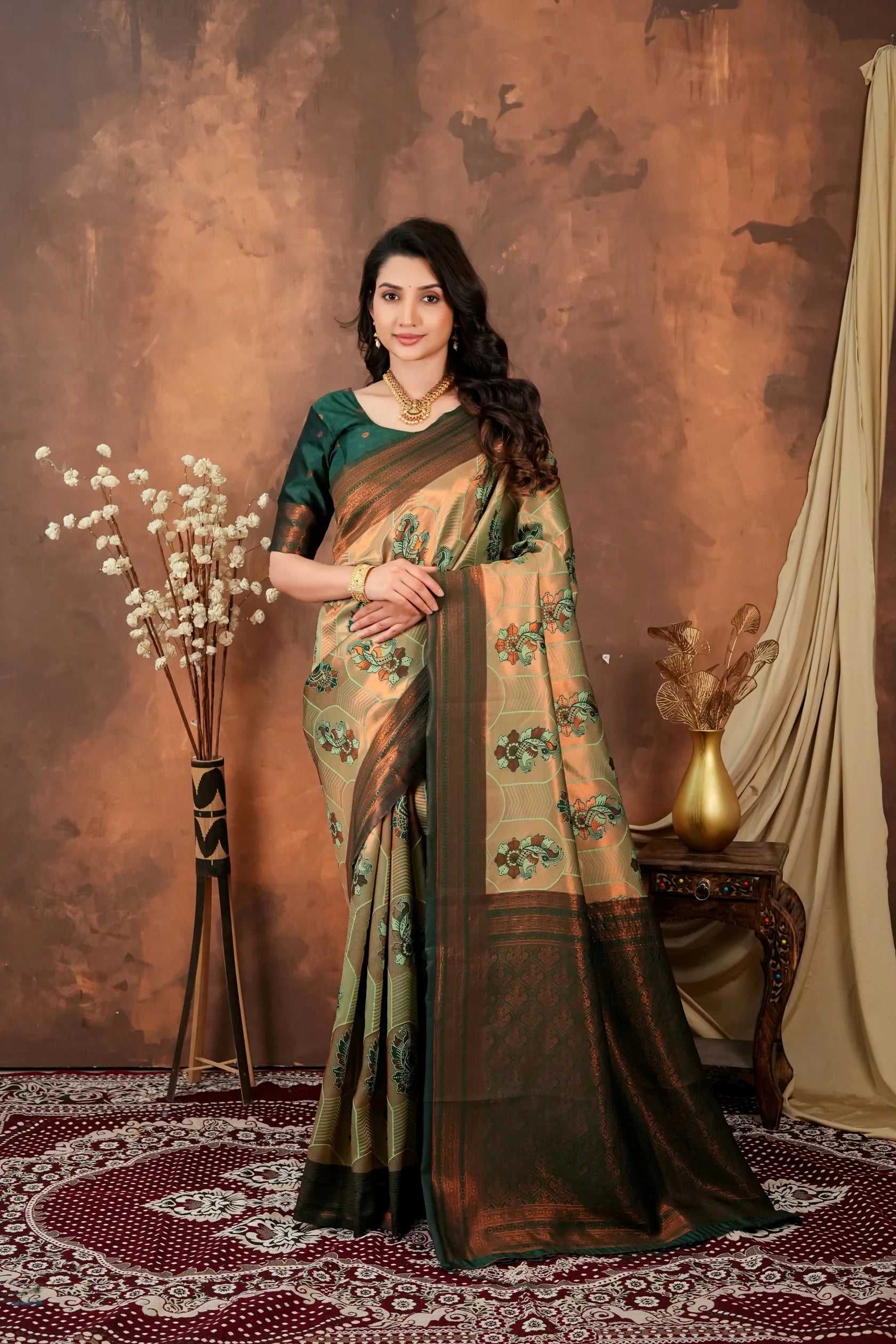Luxury Olive Green Silk Blend Saree with Copper Zari Border & Designer Pallu