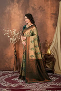 Luxury Olive Green Silk Blend Saree with Copper Zari Border & Designer Pallu