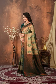 Luxury Olive Green Silk Blend Saree with Copper Zari Border & Designer Pallu