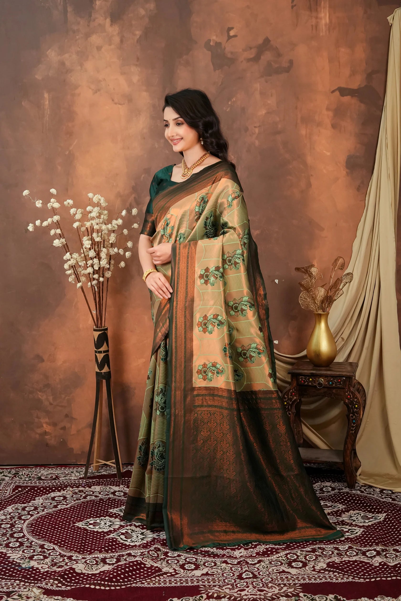 Luxury Olive Green Silk Blend Saree with Copper Zari Border & Designer Pallu