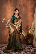 Luxury Olive Green Silk Blend Saree with Copper Zari Border & Designer Pallu