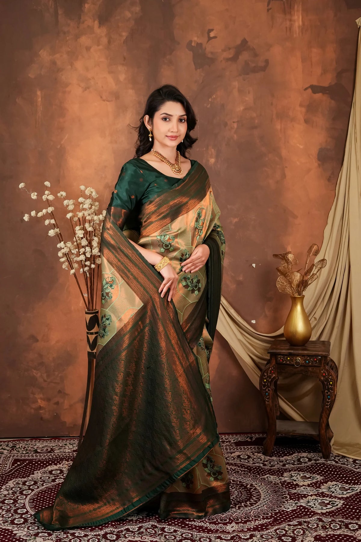 Luxury Olive Green Silk Blend Saree with Copper Zari Border & Designer Pallu
