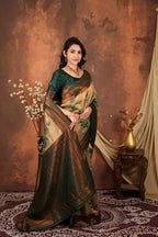 Luxury Olive Green Silk Blend Saree with Copper Zari Border & Designer Pallu