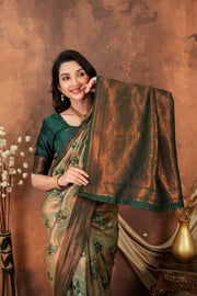 Luxury Olive Green Silk Blend Saree with Copper Zari Border & Designer Pallu