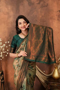 Luxury Olive Green Silk Blend Saree with Copper Zari Border & Designer Pallu