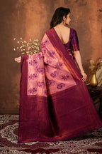 Luxury Rose Pink Silk Blend Saree with Plum Zari Border & Designer Pallu