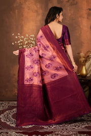 Luxury Rose Pink Silk Blend Saree with Plum Zari Border & Designer Pallu
