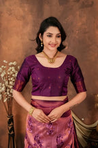 Luxury Rose Pink Silk Blend Saree with Plum Zari Border & Designer Pallu