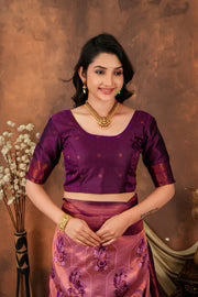 Luxury Rose Pink Silk Blend Saree with Plum Zari Border & Designer Pallu