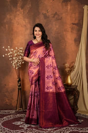 Luxury Rose Pink Silk Blend Saree with Plum Zari Border & Designer Pallu