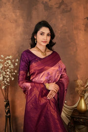 Luxury Rose Pink Silk Blend Saree with Plum Zari Border & Designer Pallu