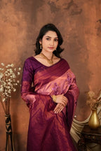 Luxury Rose Pink Silk Blend Saree with Plum Zari Border & Designer Pallu