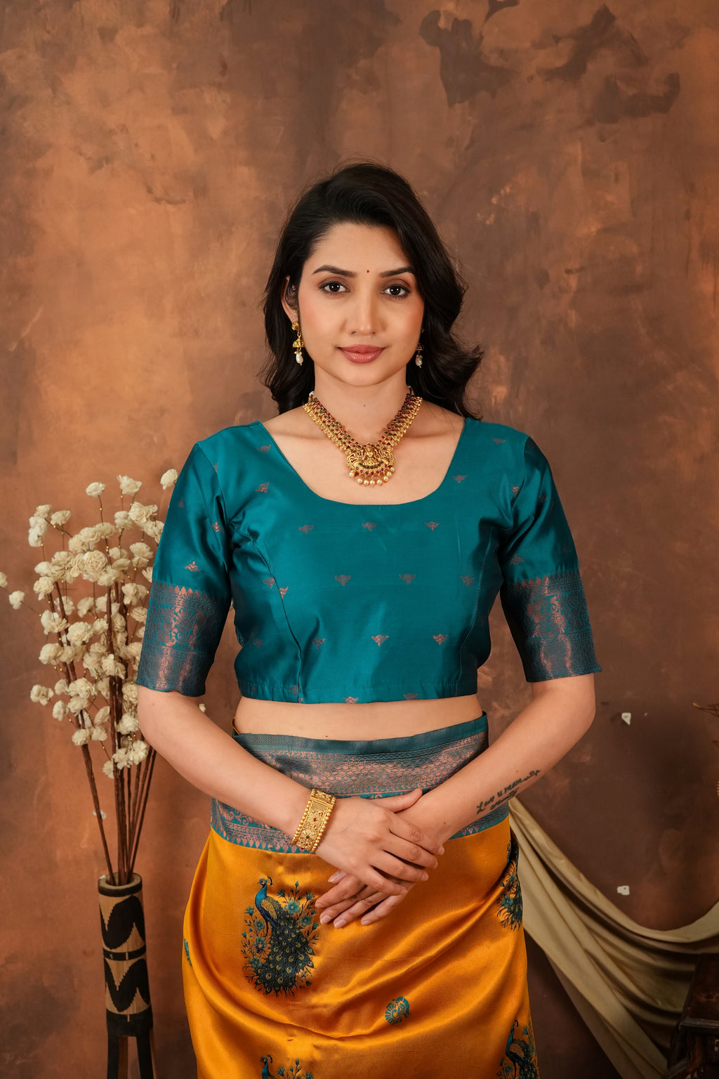 Luxury Mustard Banarasi Silk Saree with Peacock Weaving | Designer Festive Saree for Women