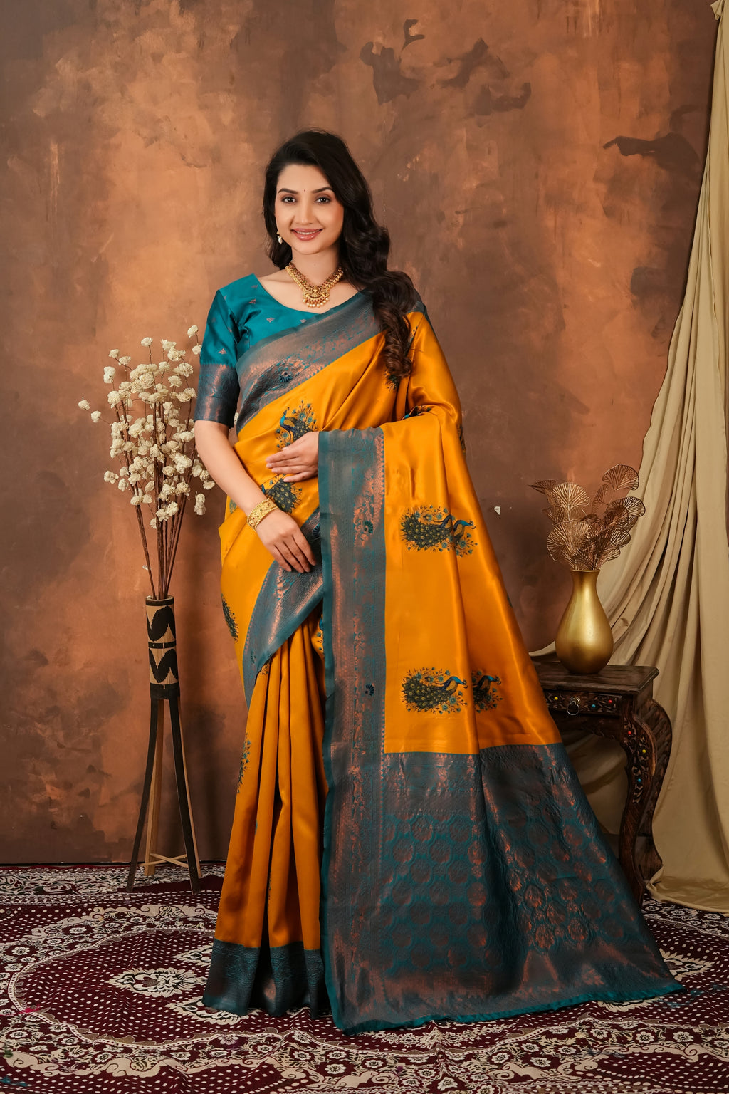 Luxury Mustard Banarasi Silk Saree with Peacock Weaving | Designer Festive Saree for Women