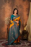 Luxury Mustard Banarasi Silk Saree with Peacock Weaving | Designer Festive Saree for Women
