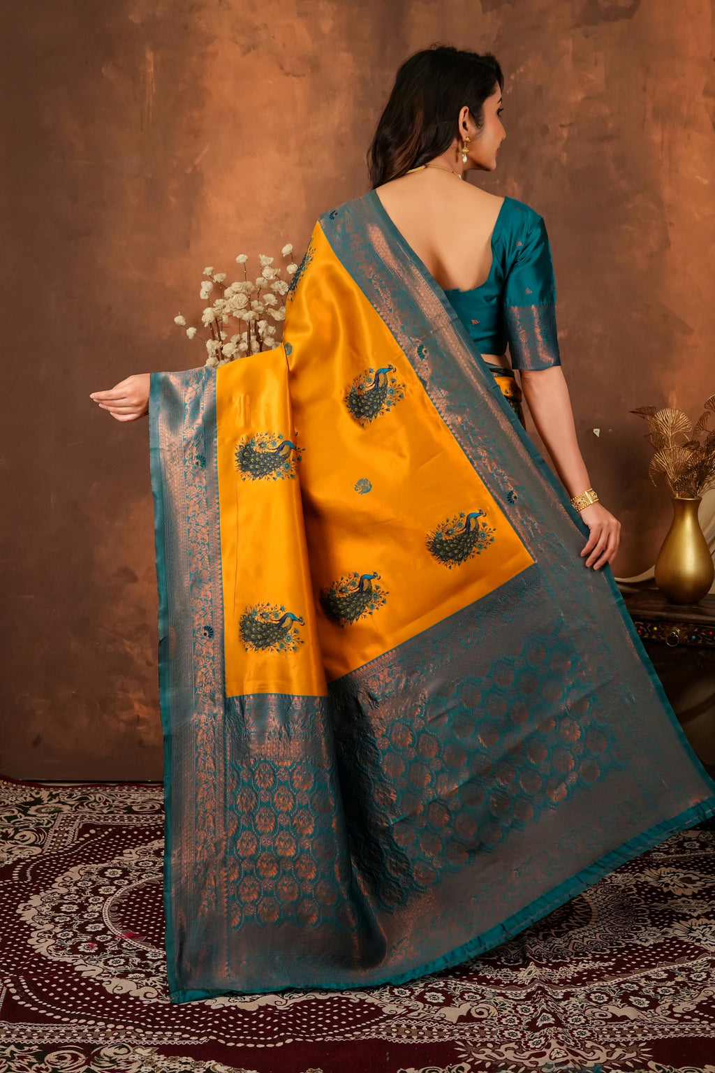 Luxury Mustard Banarasi Silk Saree with Peacock Weaving | Designer Festive Saree for Women