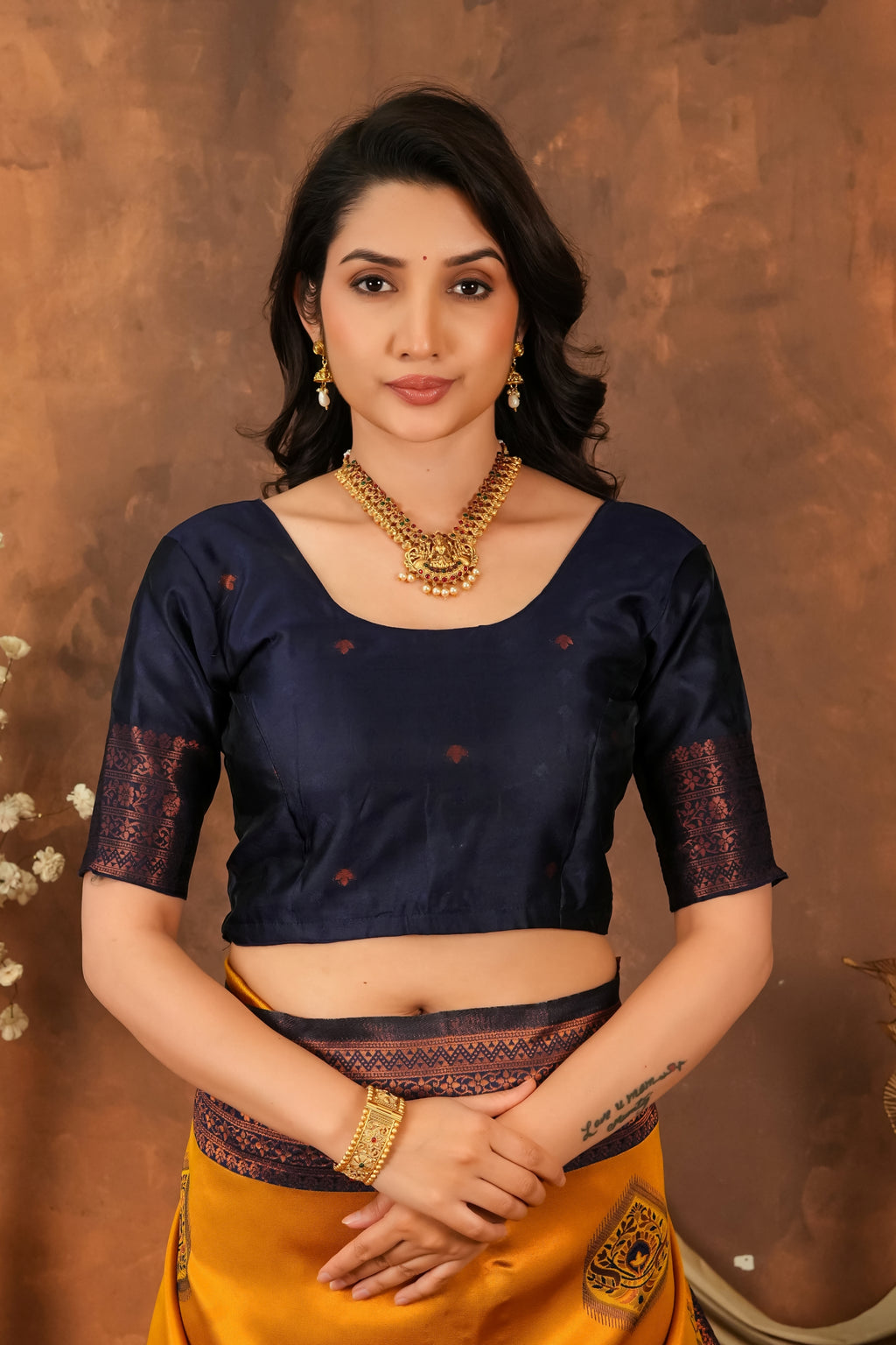 Premium Mustard Yellow Jacquard Silk Saree with Navy Blue Zari Woven Pallu