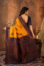 Premium Mustard Yellow Jacquard Silk Saree with Navy Blue Zari Woven Pallu