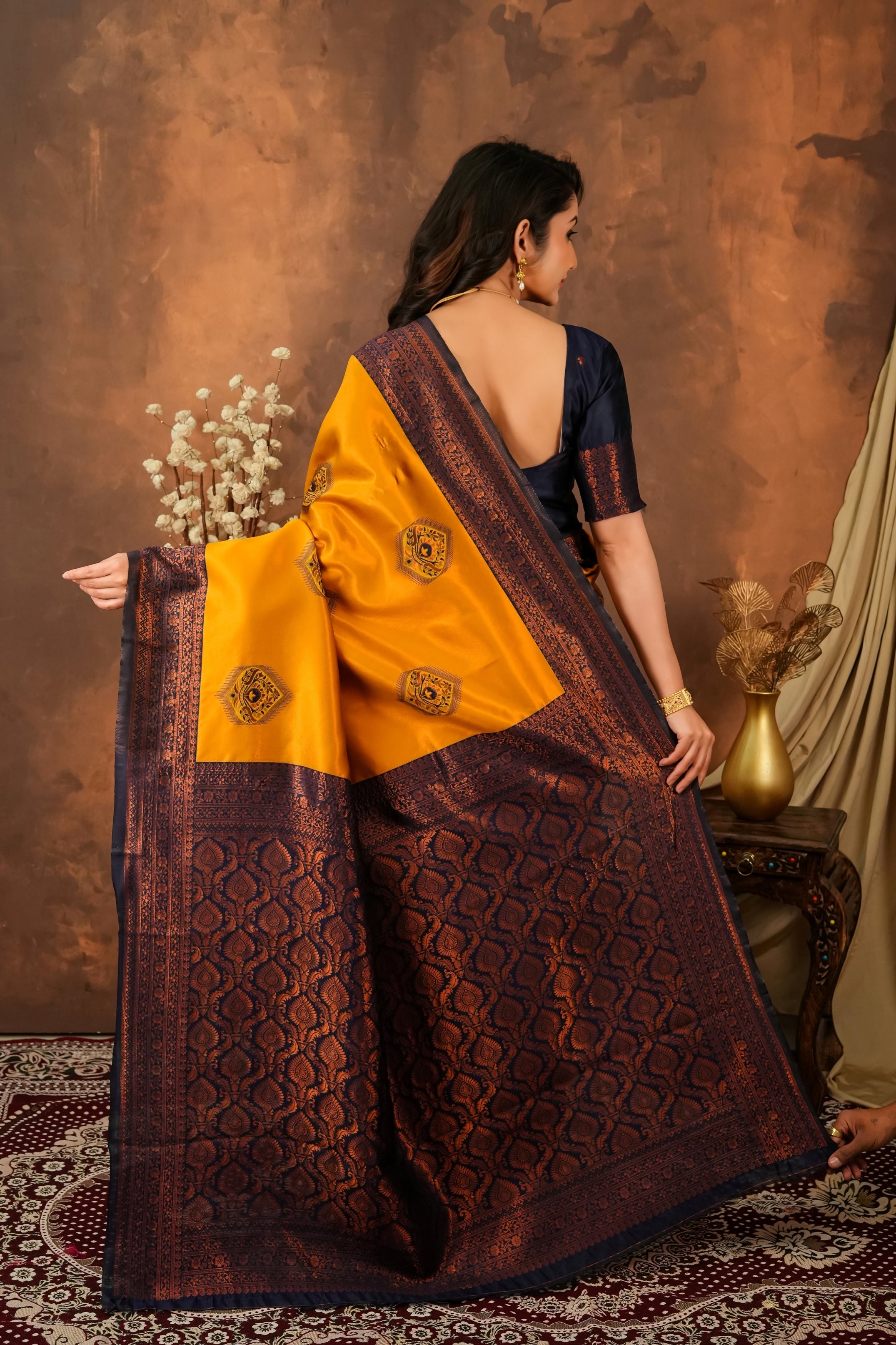Premium Mustard Yellow Jacquard Silk Saree with Navy Blue Zari Woven Pallu