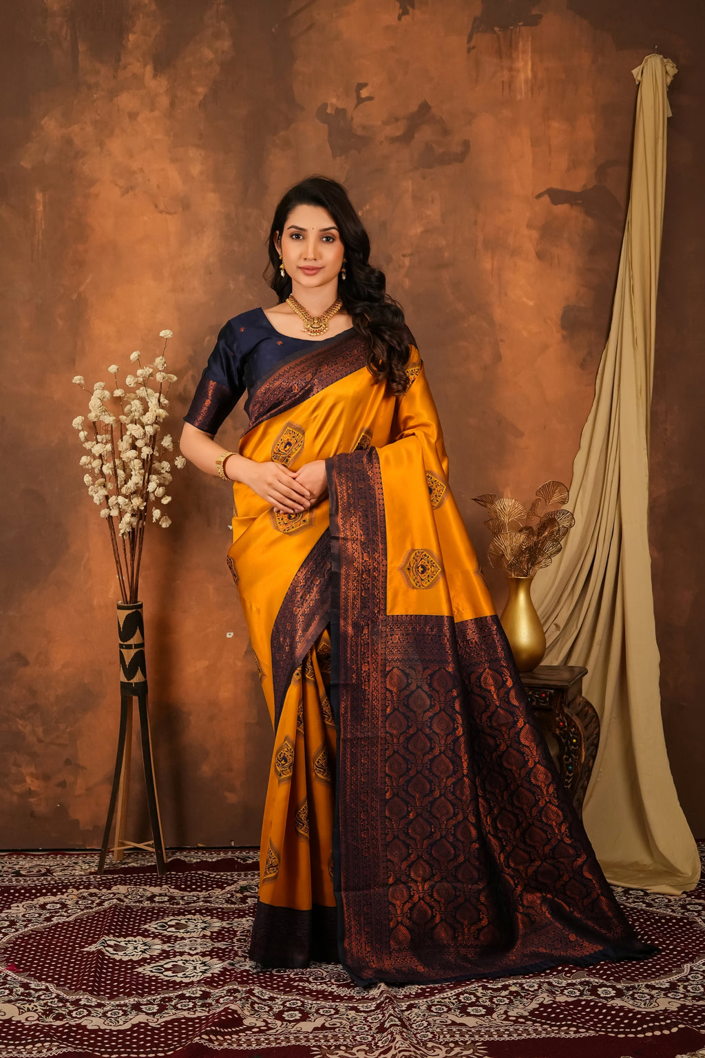 Premium Mustard Yellow Jacquard Silk Saree with Navy Blue Zari Woven Pallu
