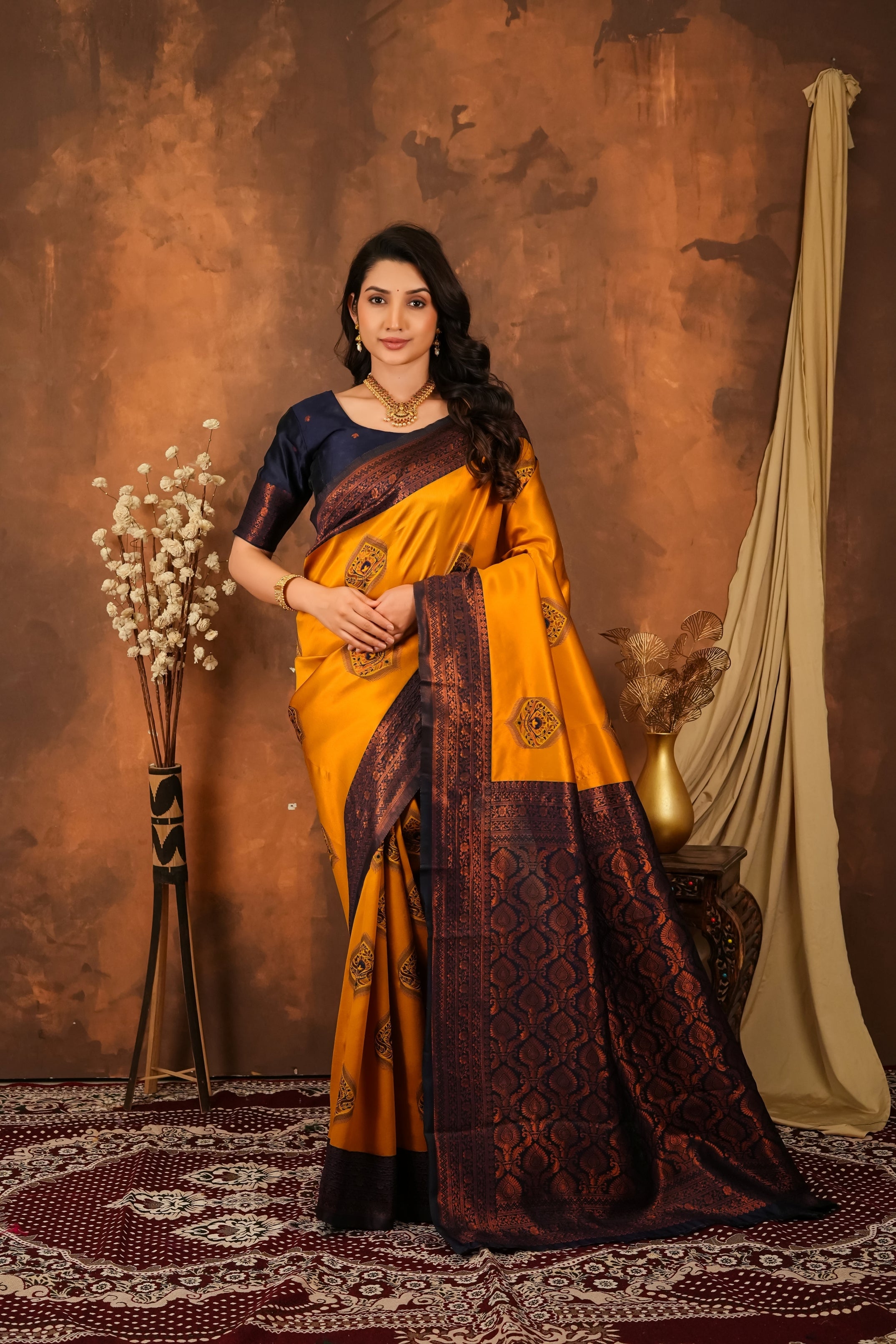 Premium Mustard Yellow Jacquard Silk Saree with Navy Blue Zari Woven Pallu