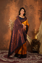 Premium Mustard Yellow Jacquard Silk Saree with Navy Blue Zari Woven Pallu